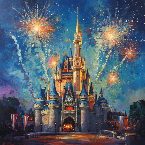 城堡上空绽放烟花的夜景