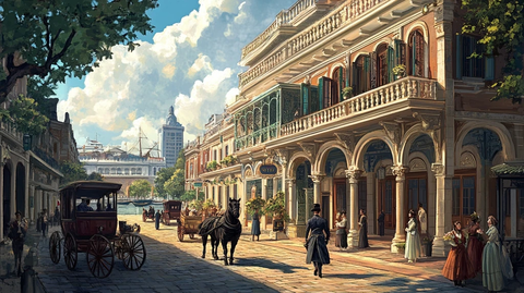 复古欧式街道上马车行人的日常景象