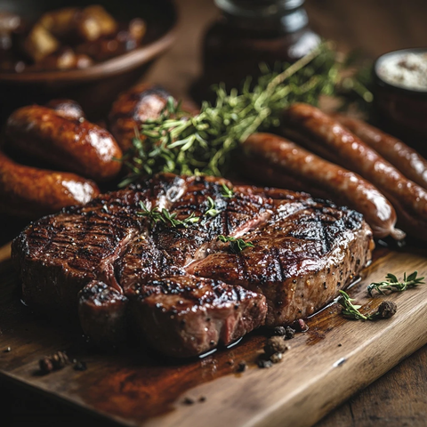 牛排香肠木板美食组合