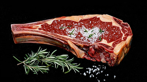 盐洒生牛排迷迭香旁