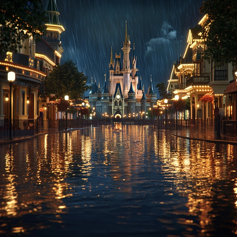 雨中城堡夜景及街道灯火辉煌的景象