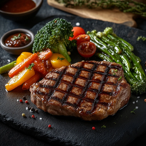 牛排配新鲜蔬菜酱料