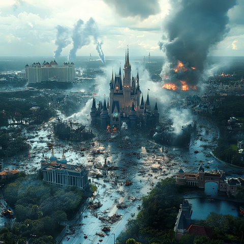 迪士尼城堡遭破坏陷入一片混乱景象