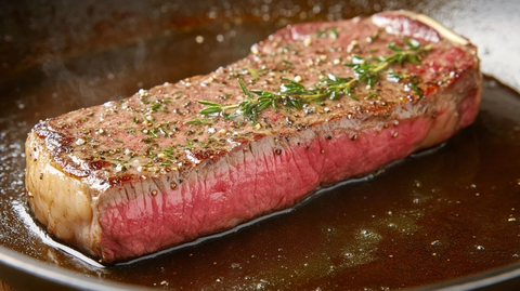煎锅中的牛排与香草