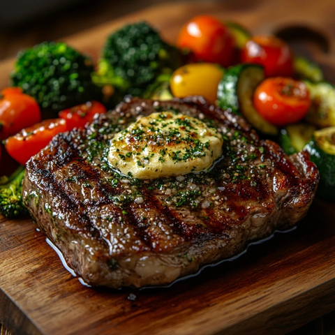 蒜香黄油牛排配烤蔬菜