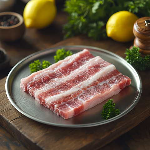 生切猪五花配香草与柠檬