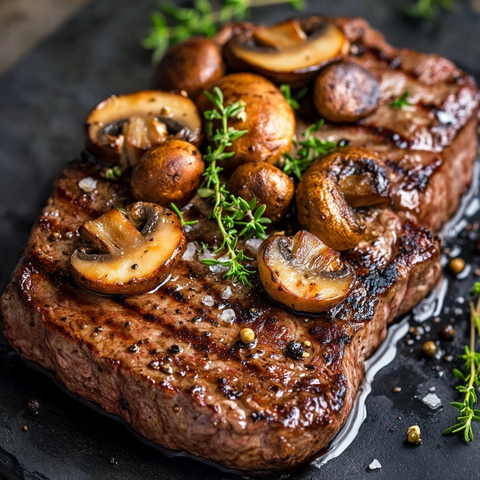 烤牛排配香煎蘑菇