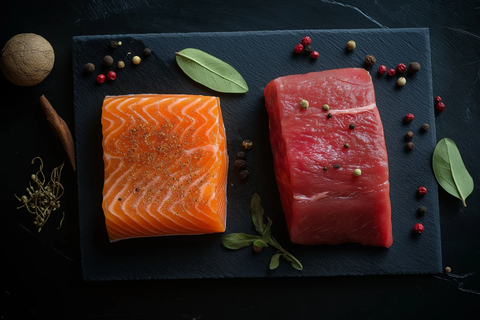 生牛排与红鱼片配香料叶