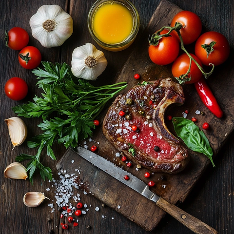 木桌上的刀叉牛排蔬菜