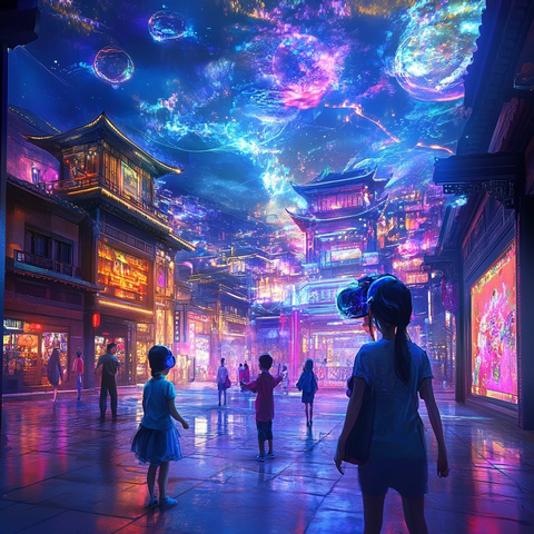 古街夜景下人们悠闲散步的场景