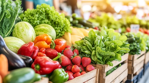 阳光下热闹的街市果蔬摊