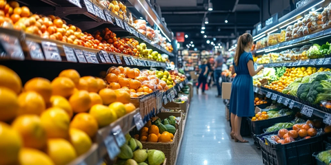 超市货架旁女子挑选橙子