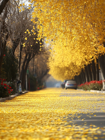 银杏大道黄叶满地的美丽景象
