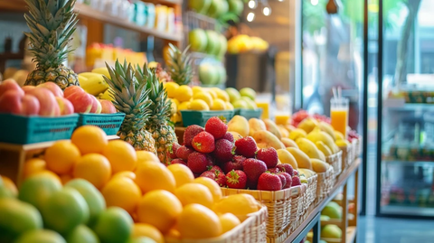 水果自助餐吧台与鲜榨果汁