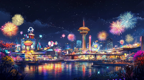 绚烂烟花下的多彩城市夜景