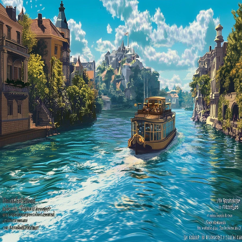 水上有游船的欧洲风情小镇全景