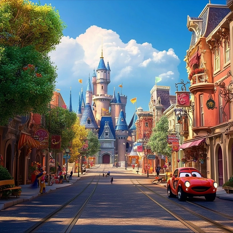 童话风格小镇街道及城堡的美丽景象