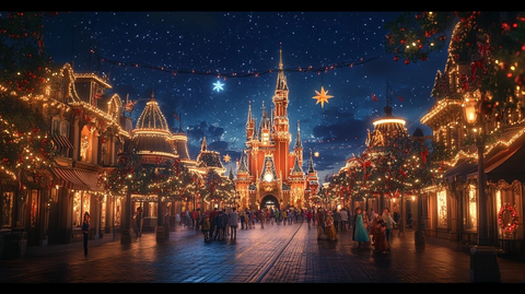 圣诞夜灯光璀璨的迪士尼城堡街道