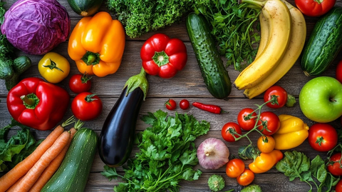 新鲜蔬菜水果木桌摆放