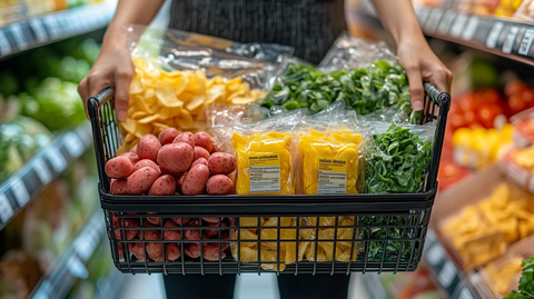 女子手拿购物篮选食材