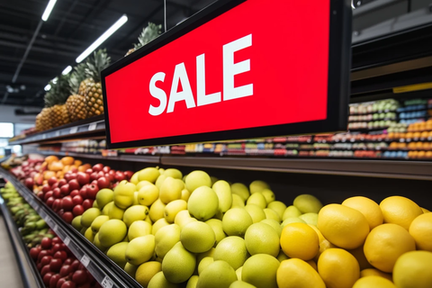 水果架上方的红色背景促销屏