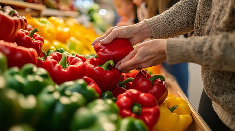 老妇挑选彩椒年轻妈妈带娃购物