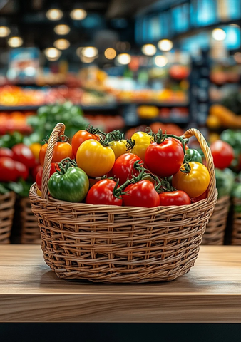 木桌上的彩色番茄篮