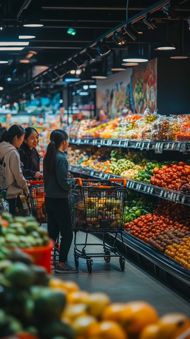 年轻顾客超市购物水果蔬菜