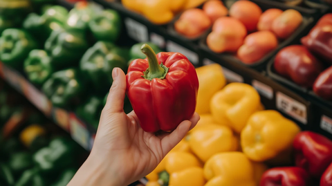 女性手部挑选红彩椒