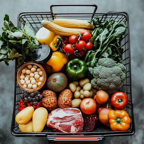 购物车内整齐摆放的食品