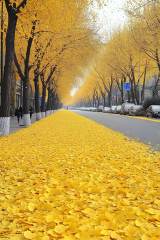 银杏叶铺满街道的唯美街景