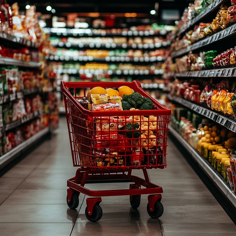 购物车满载商品货架背景