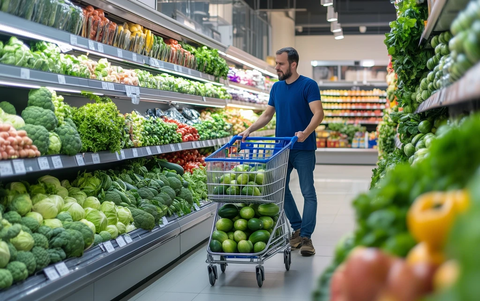 购物者推车选购新鲜蔬果