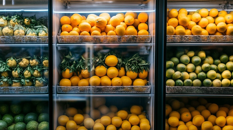 新鲜橙子和柠檬的冷藏展示