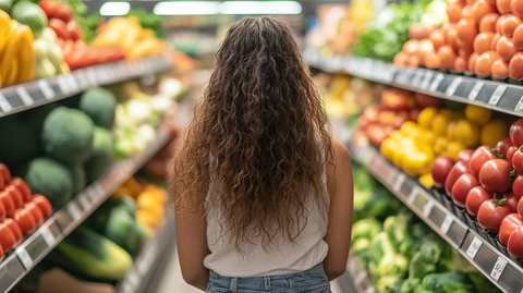 女性顾客选购水果蔬菜