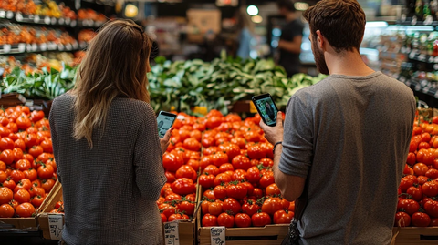 男女持手机站在番茄前