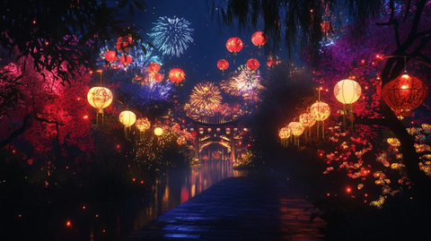 灯火通明的中式园林夜景