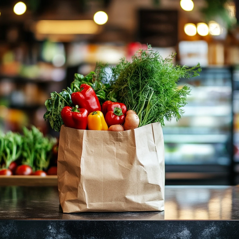 蔬菜袋与背景商店