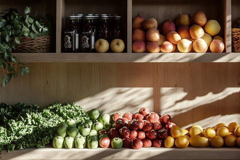 木质架上的新鲜水果和绿色蔬菜