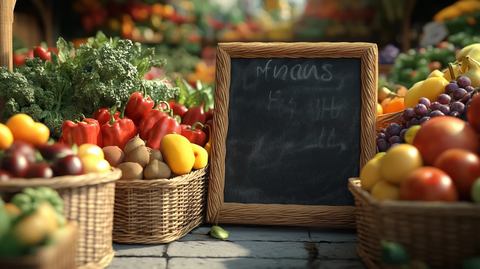 水果蔬菜篮子旁空黑板