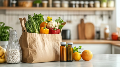 厨房台面上的杂货和益生菌瓶