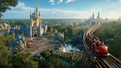 迪士尼城堡及过山车游乐设施全景