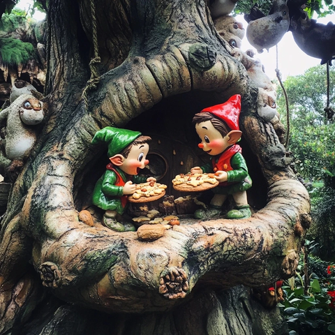 树洞中俩小精灵手持食物的可爱场景