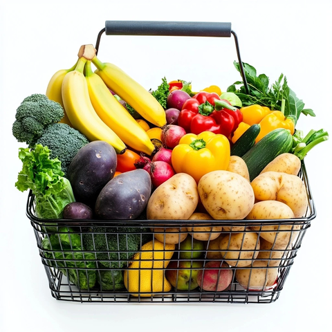 超市篮子里的水果蔬菜