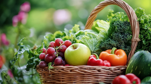 苹果与蔬菜水果篮户外摆放