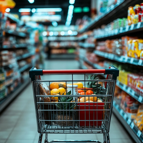 超市购物车装满新鲜食材