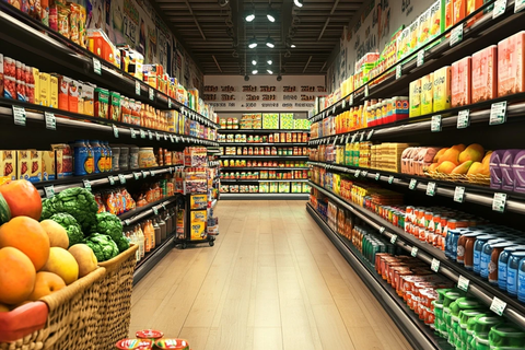 超市货架水果蔬菜整齐摆放