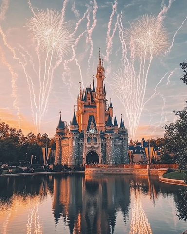 城堡前湖面上空绽放绚丽烟花的美景