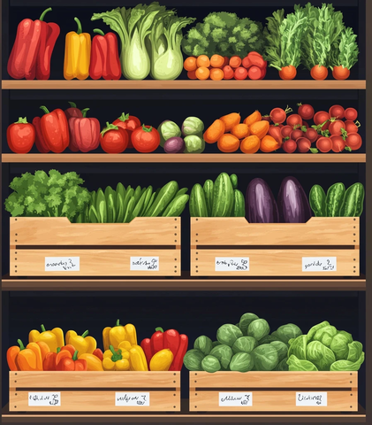 蔬果木箱货架矢量插画