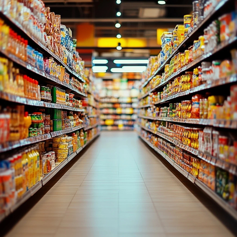 超市货架满载彩色商品